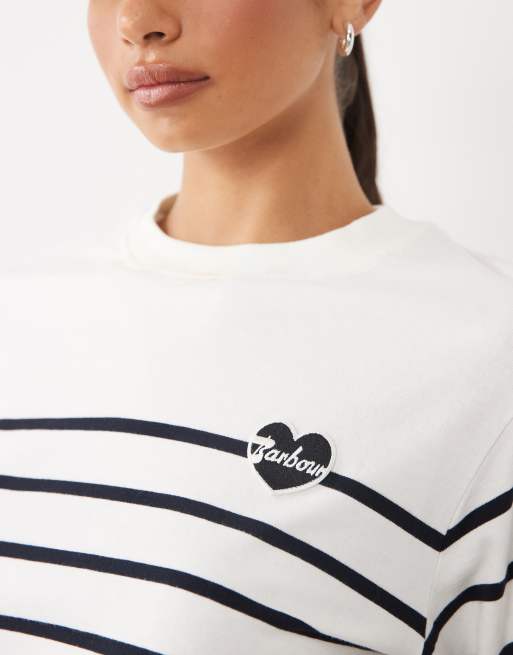 Barbour Harling long sleeve heart logo striped top in white, 3 of 4