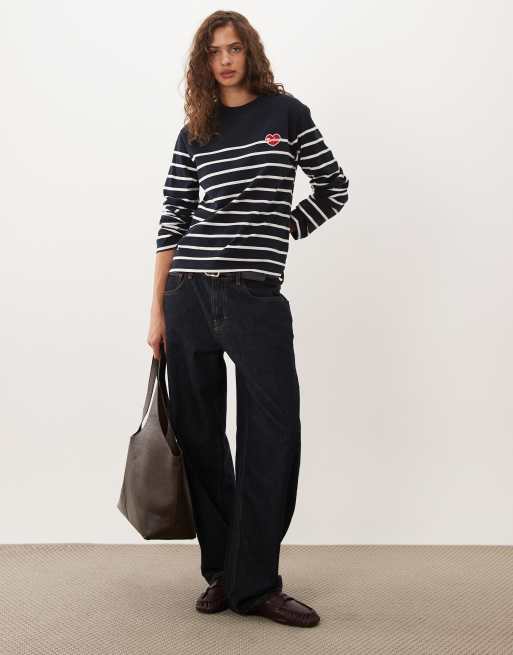 Barbour Harling long sleeve heart logo top in navy and white stripe, 2 of 4