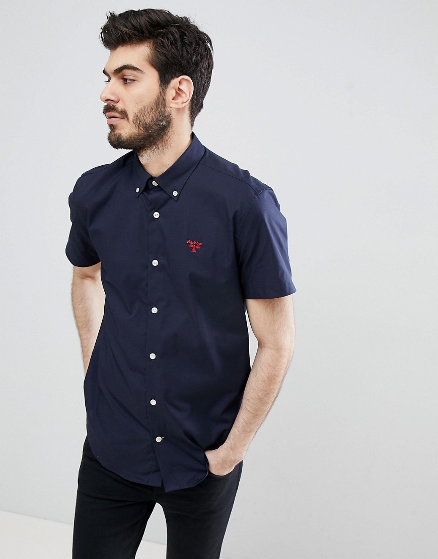 Barbour – Hayeswater – Marinblå kortärmad poplinskjorta med smal passform i stretch