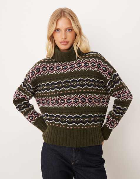 Barbour Helen knitted turtle neck fairisle jumper in olive green