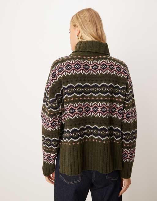 Barbour Helen knitted turtle neck fairisle jumper in olive green, 2 of 4