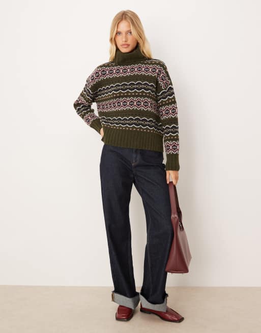 Barbour Helen knitted turtle neck fairisle jumper in olive green, 4 of 4