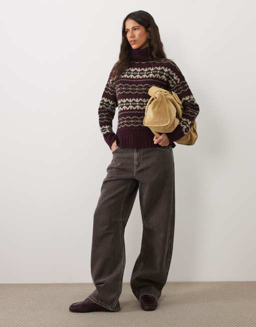 Barbour Helen roll neck fairisle knitted jumper in purple/brown, 2 of 4