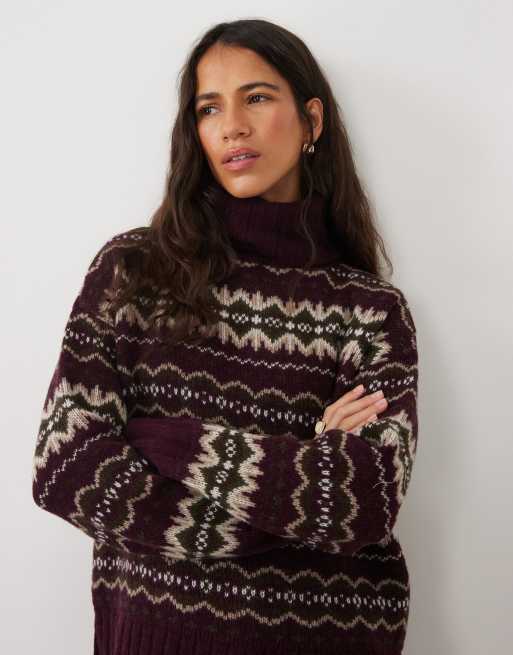 Barbour Helen roll neck fairisle knitted jumper in purple/brown, 3 of 4
