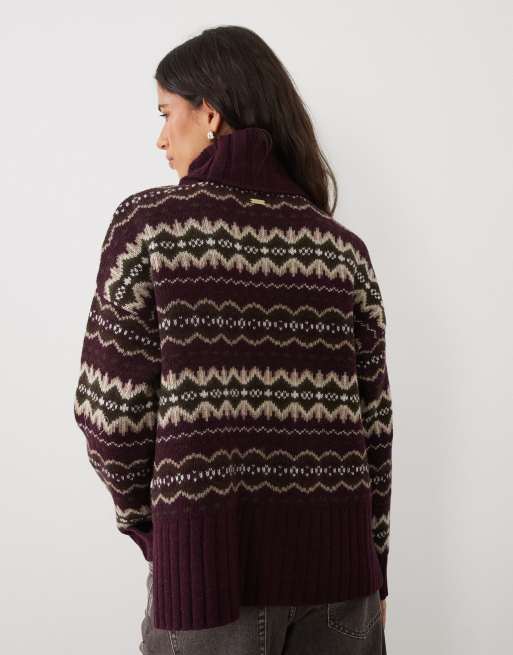 Barbour Helen roll neck fairisle knitted jumper in purple/brown, 4 of 4