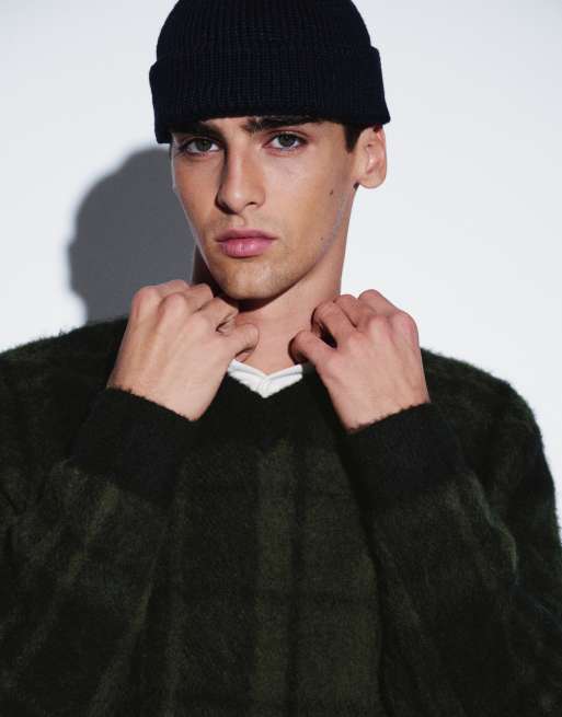 Barbour Hunham tartan check v neck knitted jumper in navy/green, 3 of 5