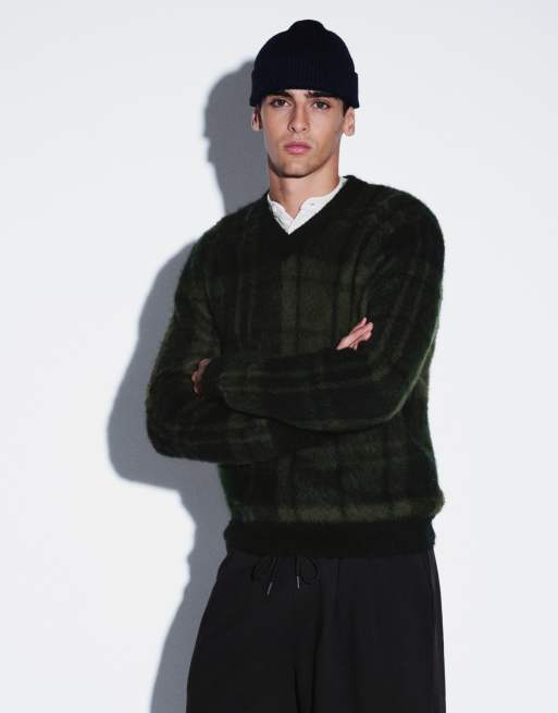 Barbour Hunham tartan check v neck knitted jumper in navy/green, 5 of 5