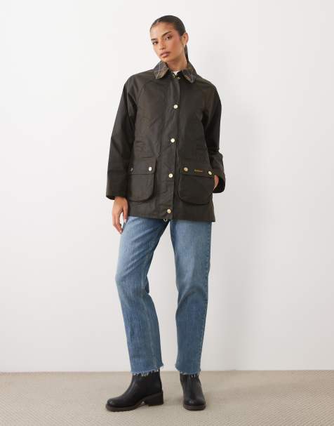 Barbour Icons Beadnell wax jacket with contrast tartan check collar in olive green - view 1