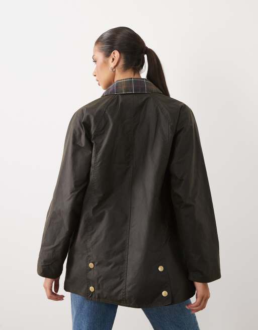 Barbour Icons Beadnell wax jacket with contrast tartan check collar in olive green, 3 of 4