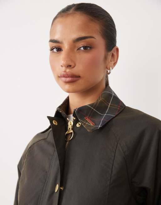 Barbour Icons Beadnell wax jacket with contrast tartan check collar in olive green, 4 of 4