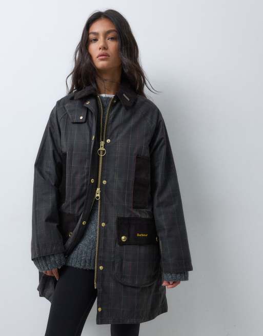Barbour Icons Beaufort reimagined long wax tartan check jacket in olive green, 2 of 5