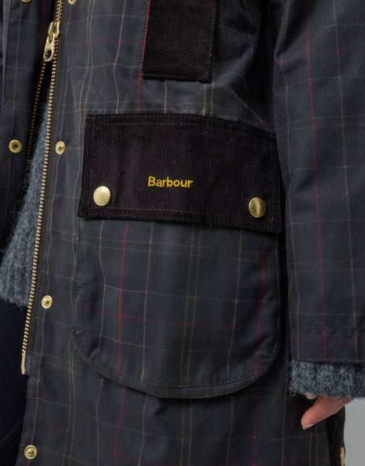 Barbour Icons Beaufort reimagined long wax tartan check jacket in olive green, 3 of 5