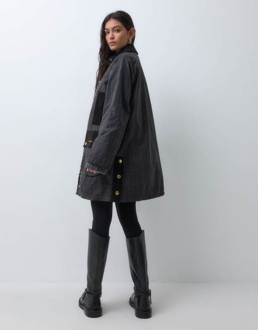 Barbour Icons Beaufort reimagined long wax tartan check jacket in olive green, 4 of 5