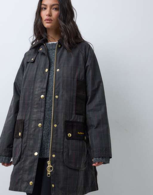 Barbour Icons Beaufort reimagined long wax tartan check jacket in olive green, 5 of 5
