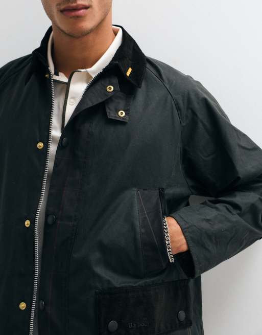 Barbour Icons Bedale tartan check patch wax jacket in dark green, 4 of 5