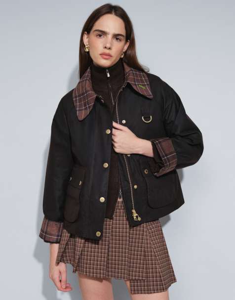 Barbour Icons Spey wax jacket with contrast tartan check collar in black - view 1