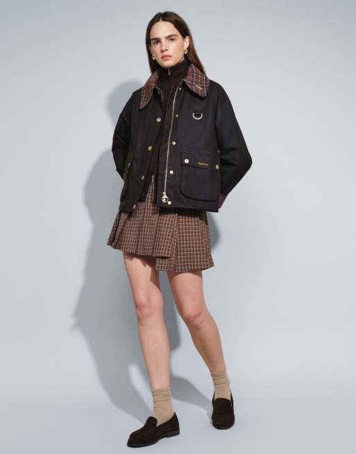 Barbour Icons Spey wax jacket with contrast tartan check collar in black, 2 of 7