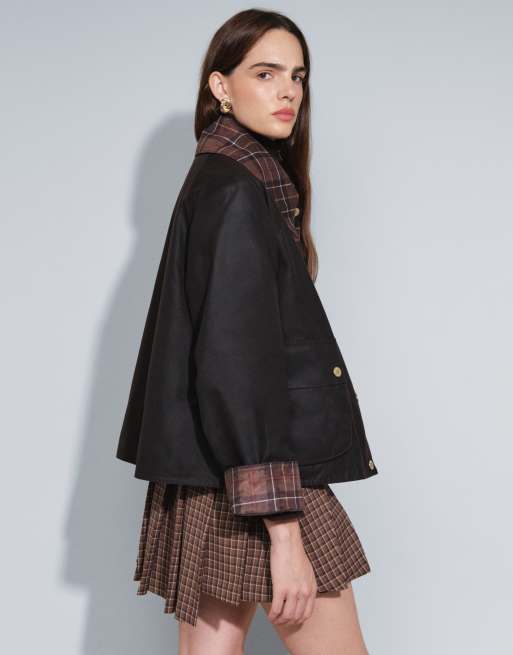 Barbour Icons Spey wax jacket with contrast tartan check collar in black, 4 of 7
