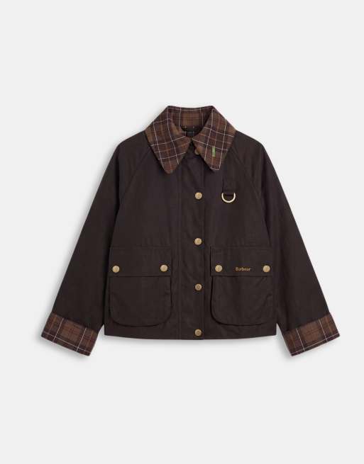 Barbour Icons Spey wax jacket with contrast tartan check collar in black, 5 of 7