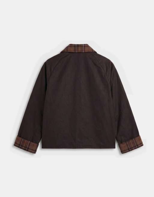 Barbour Icons Spey wax jacket with contrast tartan check collar in black, 6 of 7