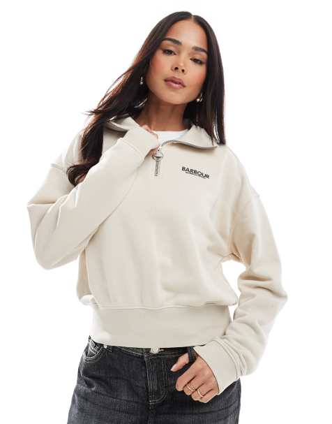 Barbour International Alani logo quarter zip sweatshirt in light stone exclusive to ASOS - view 1