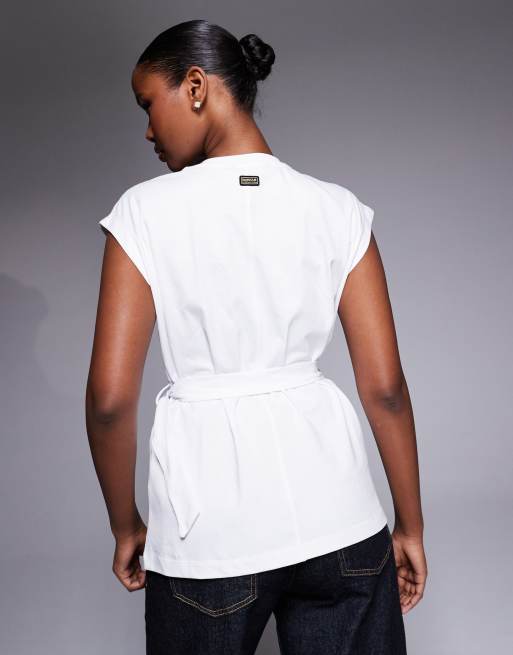 Barbour International Alexis relaxed tie up buckle top in white, 4 of 4