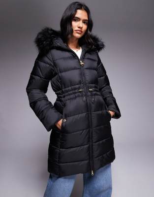 Barbour International - Anastasia - Pufferjacke in Schwarz mit Kapuze mit Kunstpelzbesatz