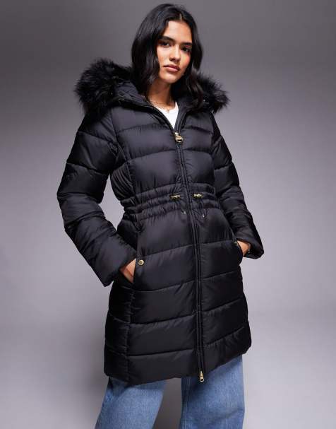 Barbour International – Anastasia – Pufferjacke in Schwarz mit Kapuze mit Kunstpelzbesatz - view 1