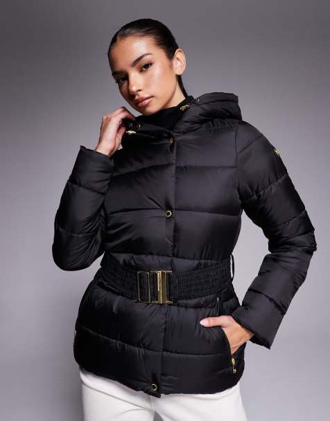 Barbour International belted puffer jacket with leopard hood in black  - view 1