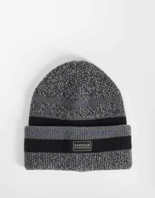Barbour International Boston knitted stripe beanie and scarf set in black/grey, 2 of 3