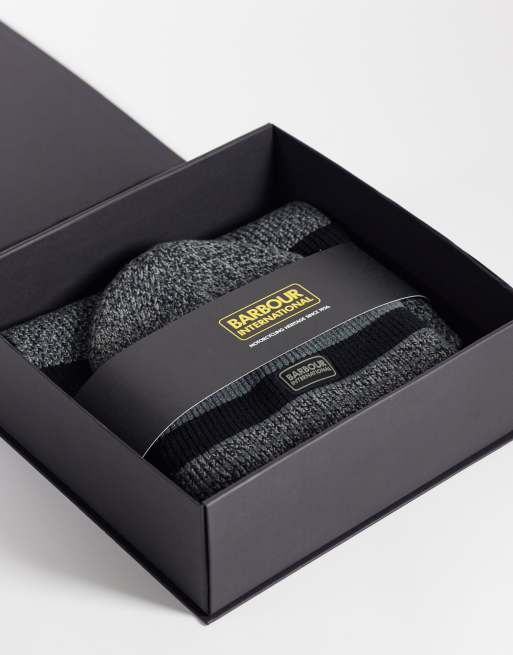 Barbour International Boston knitted stripe beanie and scarf set in black/grey, 3 of 3