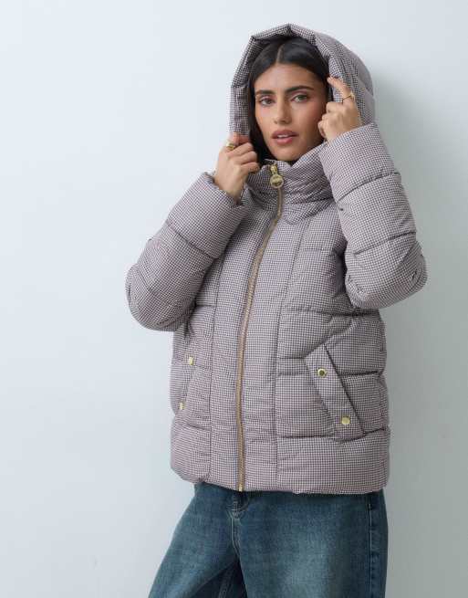 Barbour International Brantley gingham check hooded puffer jacket in truffle/white, 3 of 5