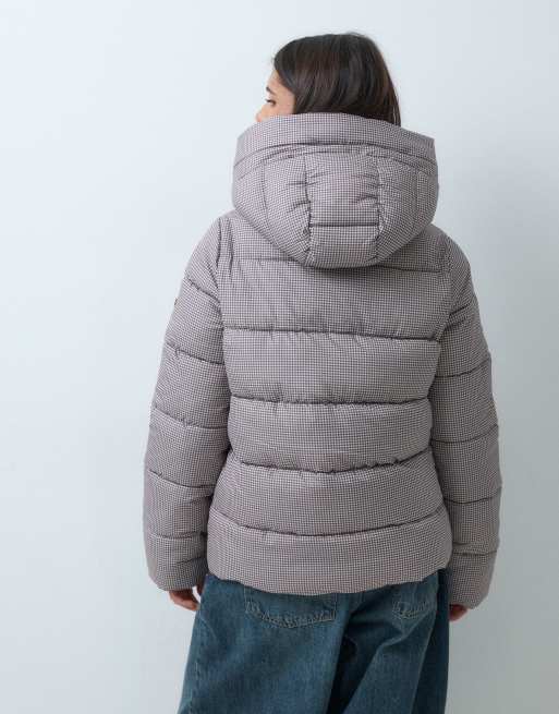Barbour International Brantley gingham check hooded puffer jacket in truffle/white, 4 of 5