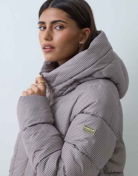 Barbour International Brantley ginghamrutig pufferjacka med huva i truffle/vit - view 1