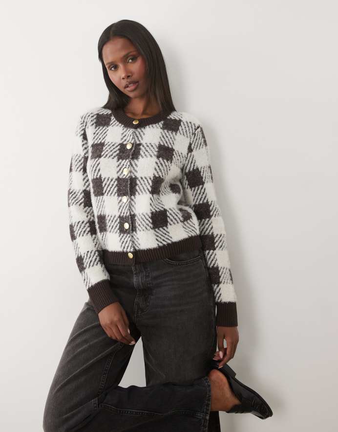 Barbour International Cárdigan de punto a cuadros Halina en marrón trufa/blanco