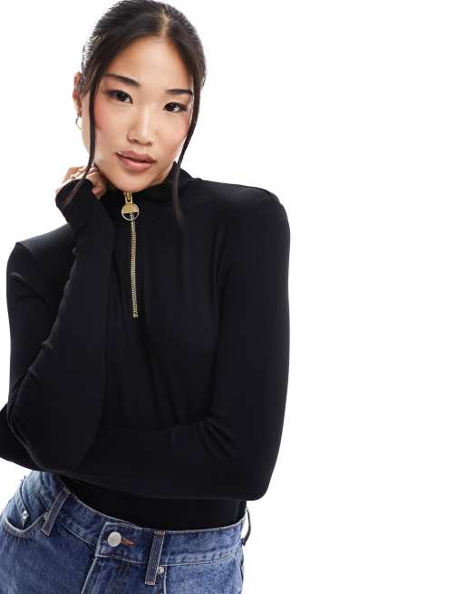 Barbour International - Carmona - Top a maniche lunghe nero con collo a imbuto e zip corta