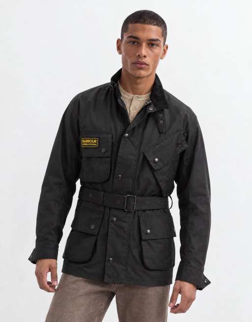 Barbour International chaqueta encerada original con cinturón en negro, 8 de 9