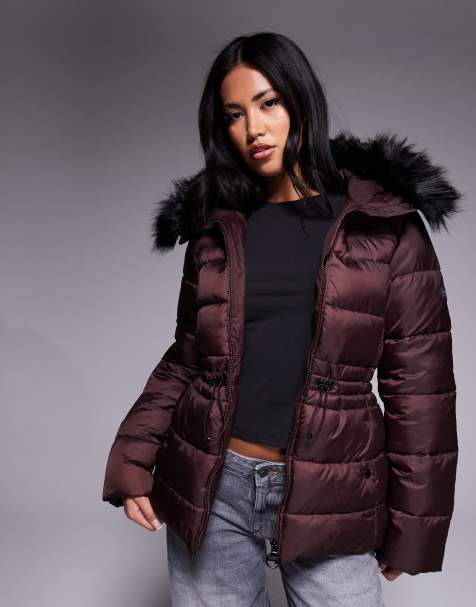 Barbour International Cher belted puffer jacket with faux fur in burgundy - view 1