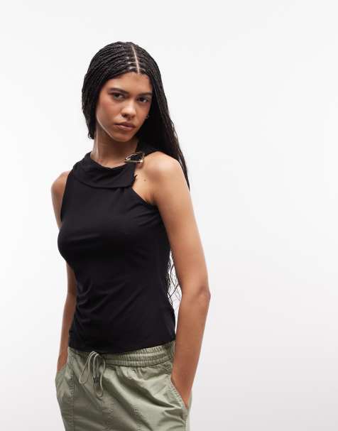 Barbour International – Cinzia – Svart topp med draperad ringning och metalldetalj - view 1