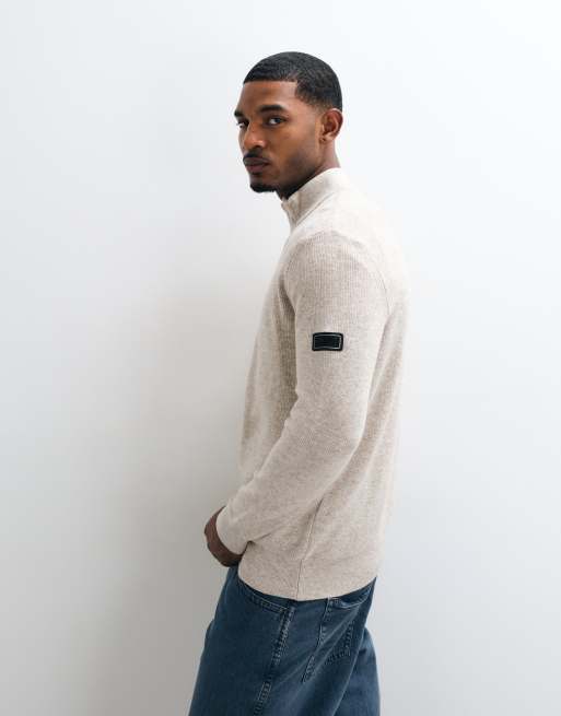 Barbour International Crawley wool blend half zip funnel neck jumper in light beige, 4 of 5