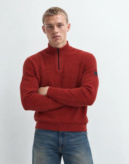 Barbour International Crawley wool blend half zip funnel neck jumper in red, 9 of 10