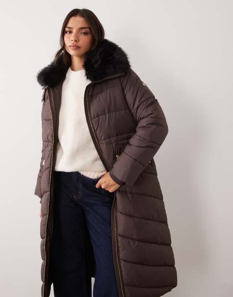 Barbour International Cyrus doudoune longue en fausse fourrure marron truffe - view 1