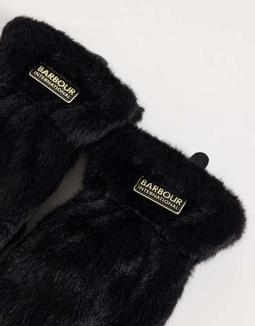 Barbour International Cyrus fuax fur mittens in black, 3 of 3
