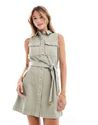 Barbour International denim utility mini dress in washed khaki-Green