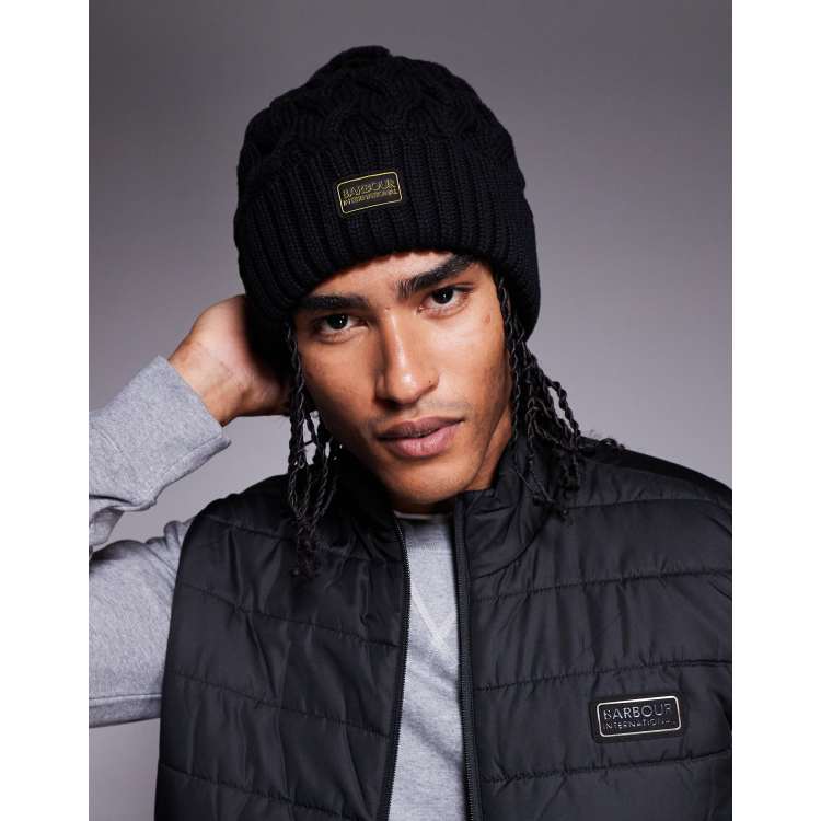 Barbour International Drift cable beanie hat in black/shadow ASOS