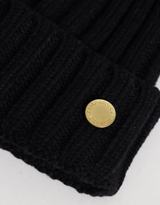 Barbour International Drift cable knit pom pom beanie in black, 2 of 3