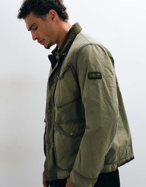Barbour International Drifter Winter washed wax jacket in olive green, 3 of 5
