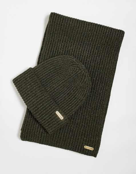 Barbour International Estoril beanie and scarf gift set in sparkle/olive - view 1