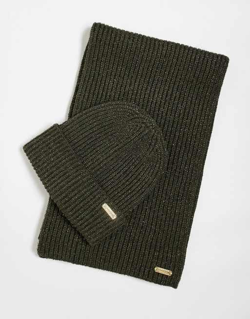 Barbour International Estoril beanie and scarf gift set in sparkle/olive