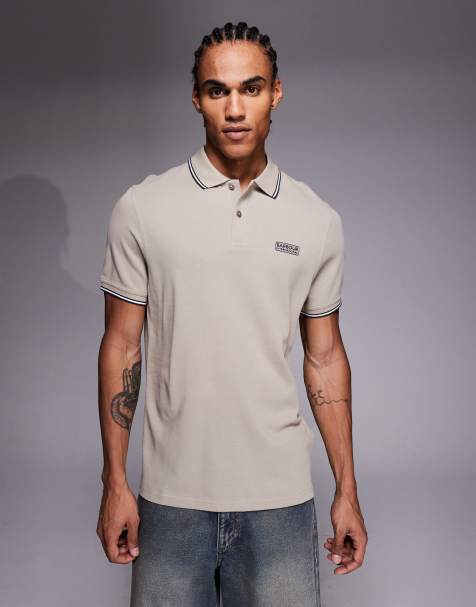 Barbour International – Evan – Beżowa koszulka polo z krótkimi rękawami, lamówkami i logo - view 1